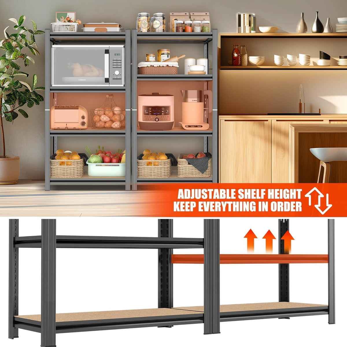 COOKCOK 4-Tier Storage Shelving, Heavy Duty Adjustable Metal Shelf, Wooden Board, 23.6" x 11.8" x 46" Utility Storage Rack for Kitchen, Pantry, Basement, Bathroom, Laundry, Warehouse, Black
