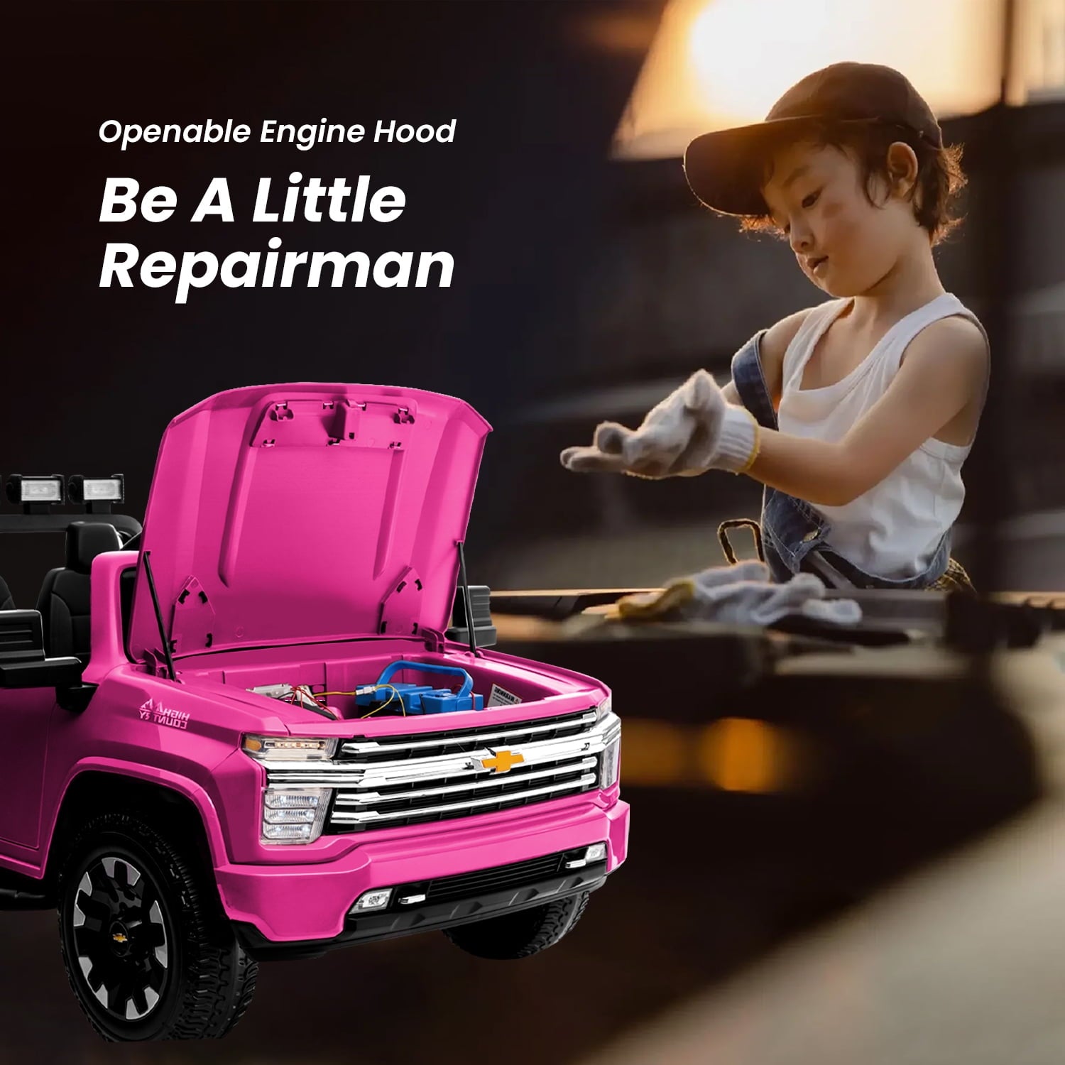 Track Seven 24V Ride on Car, Licensed Silverado HD 2 Seater Electric Car for Boys Girls Age 3+, 24V Ride on Truck w/Remote Control, Music, ABC, Pink