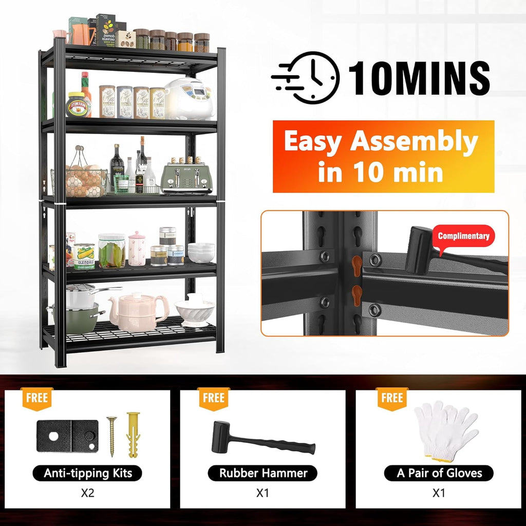 COOKCOK 71" H Garage Shelving, 5-Tier Heavy Duty Storage Shelves, Adjustable Metal Shelf Unit, 2000 LBS Capacity, Utility Organizer Rack for Basement, Pantry, Kitchen, Warehouse, Black