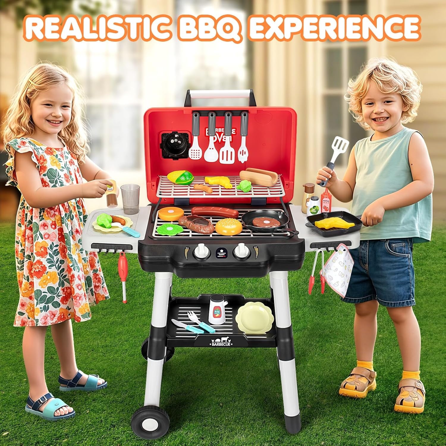 Track Seven Kids Play Kitchen Toys, Kids BBQ Grill Playset with Smoke Sound Light, 2-Layer Barbecue Toy with Wheels, Outdoor Play Food Toys Cooking Set for Toddlers 3-5, Birthday for Boys Girls