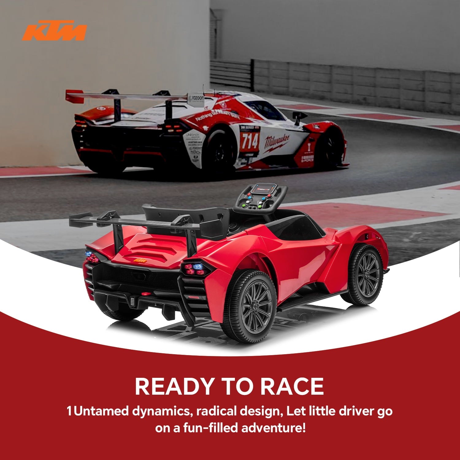 Track Seven 12V Ride on Car with Remote Control, Licensed KTM X-BOW GTXR Electric Car for Kids Age 3+, Music, Ride on Toy Electric Vehicle, Red