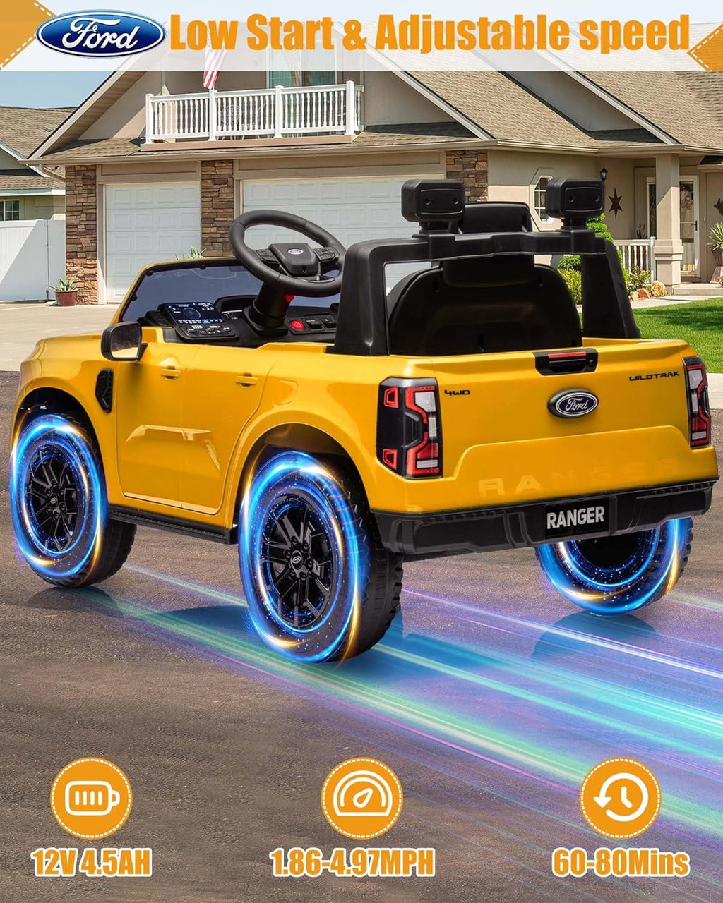 SUSIELADY 12V Licensed Ford Ranger, Kids Ride on Pickup Truck, with Remote Control, Music Player, LED Lights, Bluetooth, Soft Start, for Kids Aged 3+