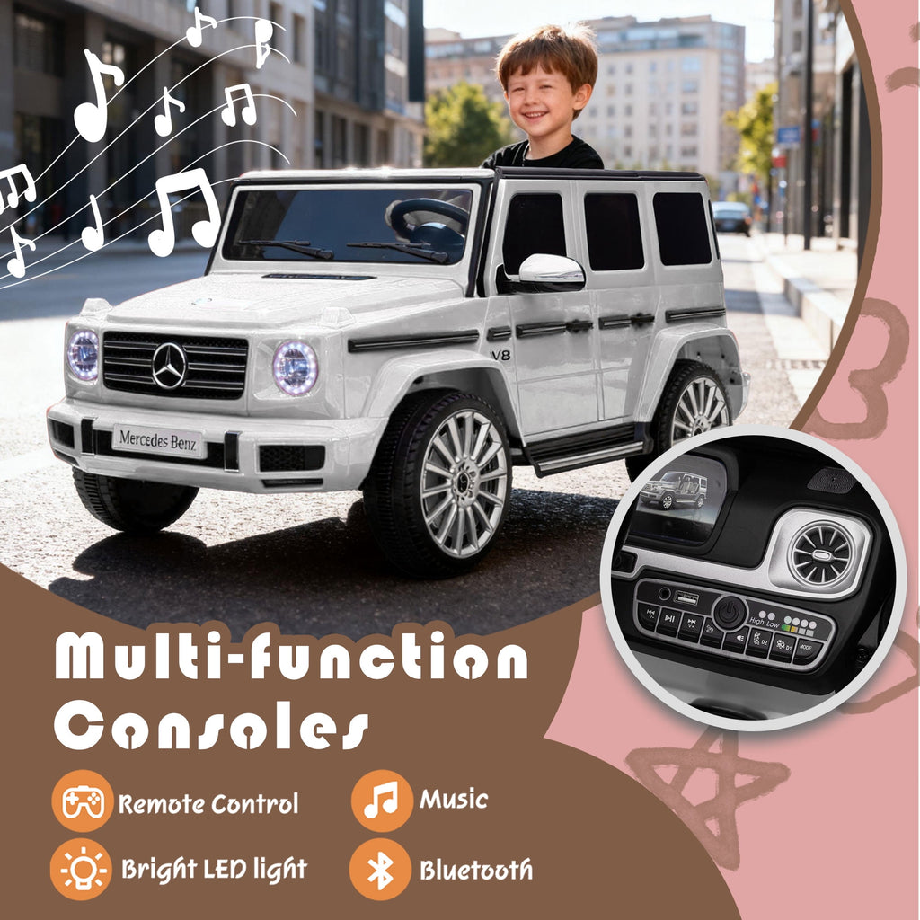 Track Seven 24V Ride on Car, Licensed Mercedes-Benz G500 Electric Car with Remote Control, Bluetooth, LED Lights, Max Speed 5.7 mph, 24V Ride on Truck for Boys Girls Age 3+, White
