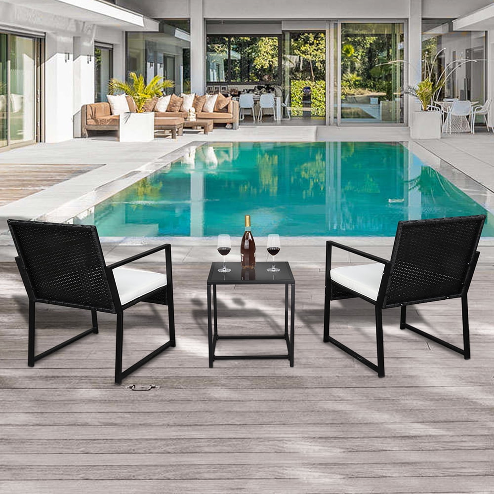 COOKCOK 3 Pieces Patio Set Outdoor Wicker Patio Furniture Sets Modern Bistro Set Rattan Chair Conversation Sets with Coffee Table for Yard and Bistro (Black)
