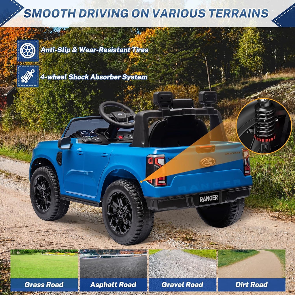 Track 7 12V Kids Ride on Car, Licensed Ford Ranger Electric Car with Remote Control, Music Player, LED Lights, Bluetooth, 12V Ride on Truck Car for Boys Girls Age 3+, Blue