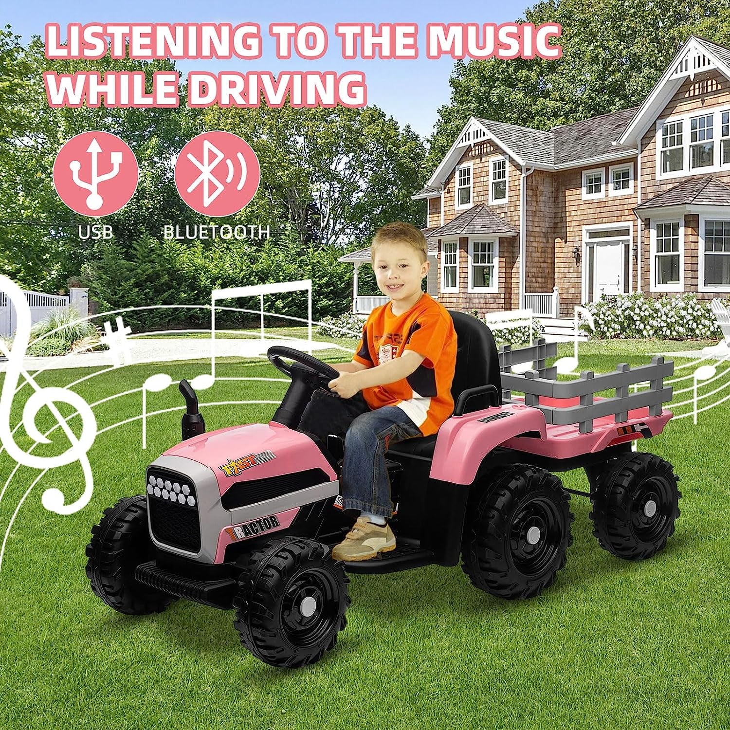 Track 7 12V Ride on Tractor with Trailer, Kids Electric Car with Remote Control, Bluetooth, MP3, LED Lights, 3-Gear-Shift Ground Loader, Ride on Car for Boys Girls, Pink