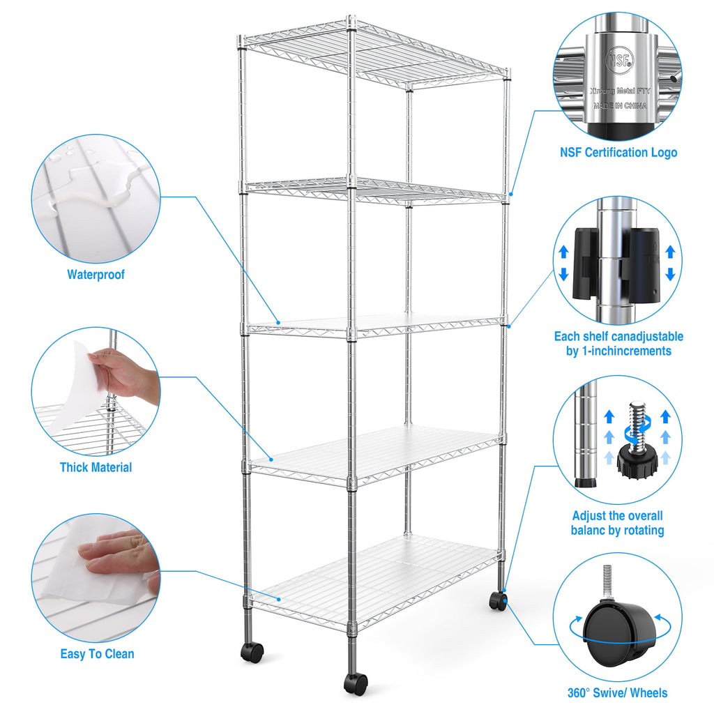 COOKCOK 5-Tier Wire Shelving Unit, Heavy Duty Metal Storage Shelves, 30" x 14" x 60" Height Adjustable Garage Shelf with PE Mat, 220lbs Capacity, NSF Wire Rack with Wheels, Chrome