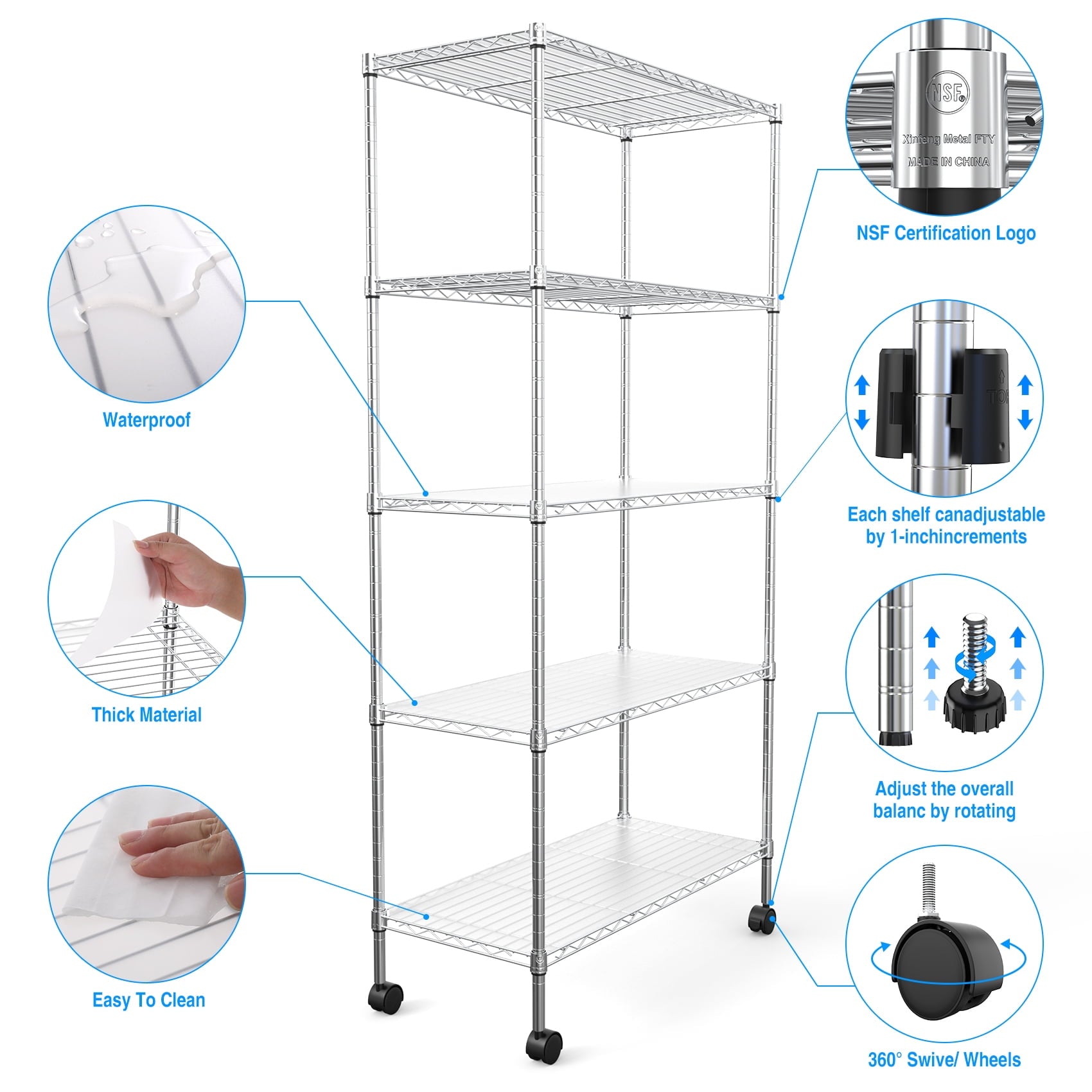 COOKCOK 5-Tier Wire Shelving Unit, Heavy Duty Metal Storage Shelves, 30" x 14" x 60" Height Adjustable Garage Shelf with PE Mat, 220lbs Capacity, NSF Wire Rack with Wheels, Chrome