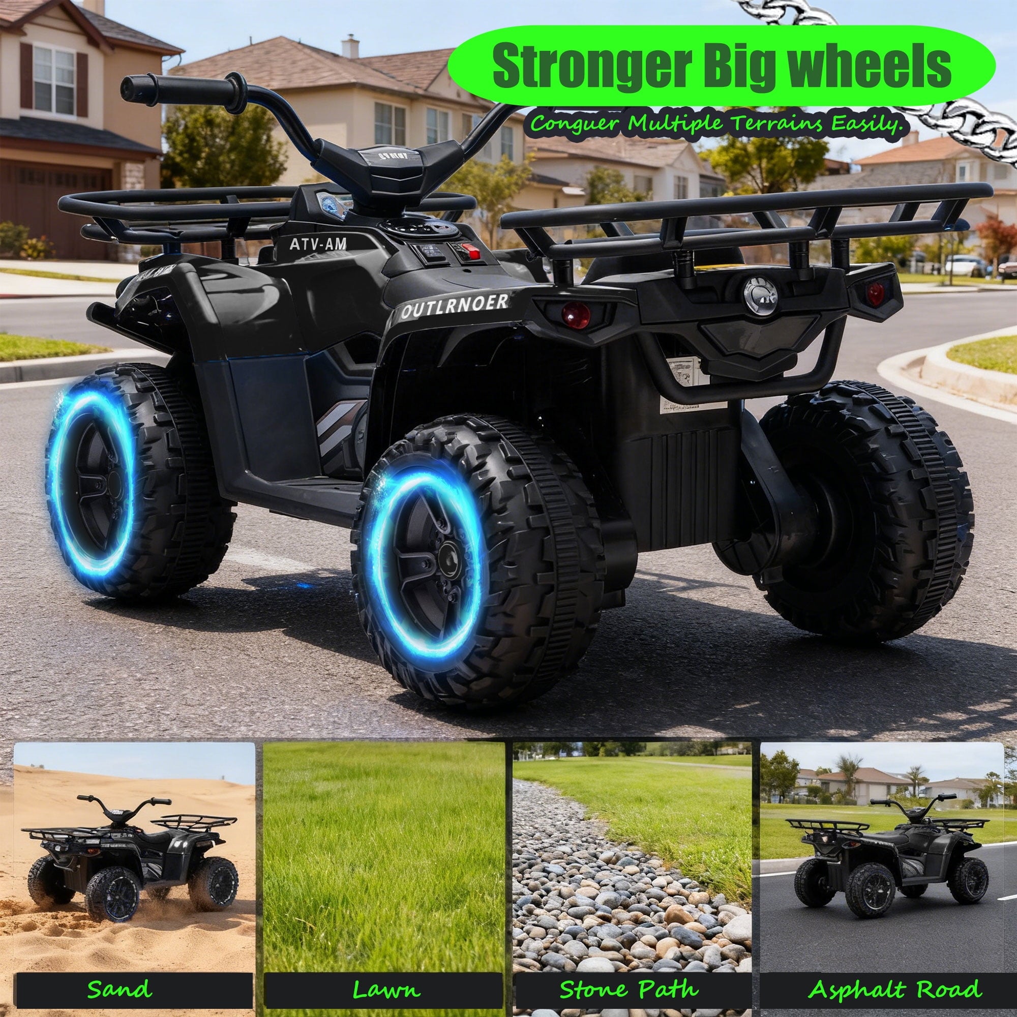 Track Seven 24V Ride on ATV, Kids ATV 4 Wheeler Quad Ride on Toy with Bluetooth, Crash Bar, Front & Rear Storage Rack, Power Display, LED Lights, Electric ATV for Boys Girls Aged 3+, Black