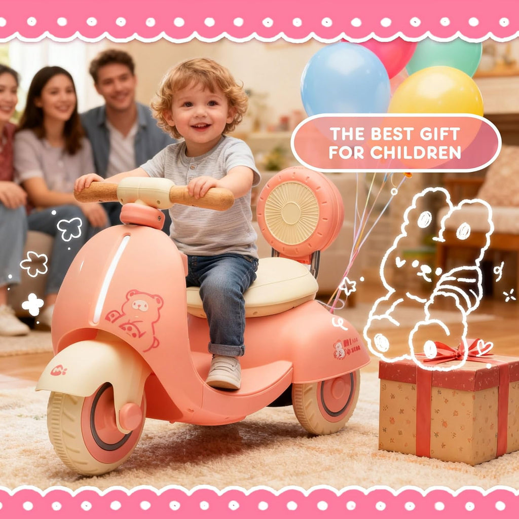 Track Seven 12V Ride on Motorcycle, 3-Wheel Toddler Electrc Scooter with Remote Control, Bluetooth, Wide Seat, Wooden Handle, Slow Start, Electric Motorycle for Boys Girls Aged 1-3 Years, Pink