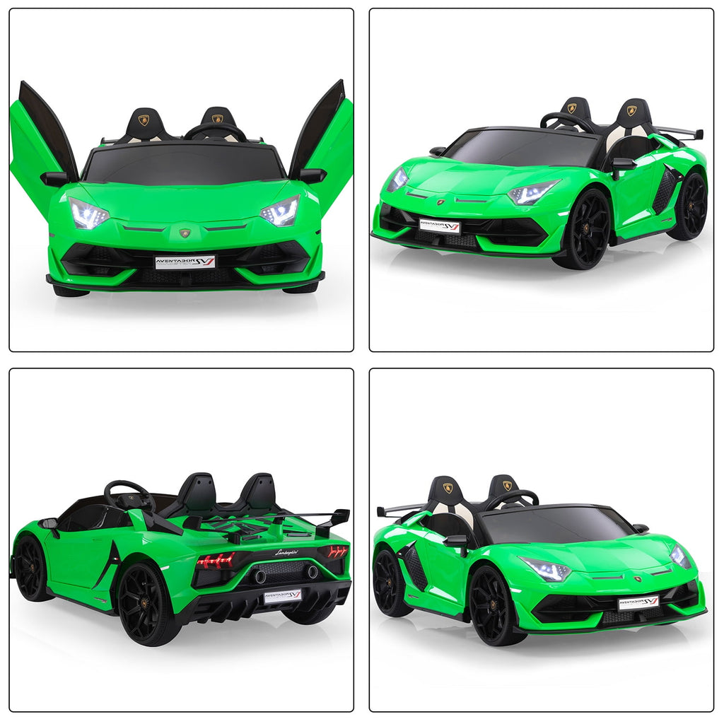 Track 7 24V Ride on Car, Licensed Lamborghini Drifting Car, 2-Seater Electric Car with Remote Control, MP3, LED Lights, PU Seat, Portable Handle, Green