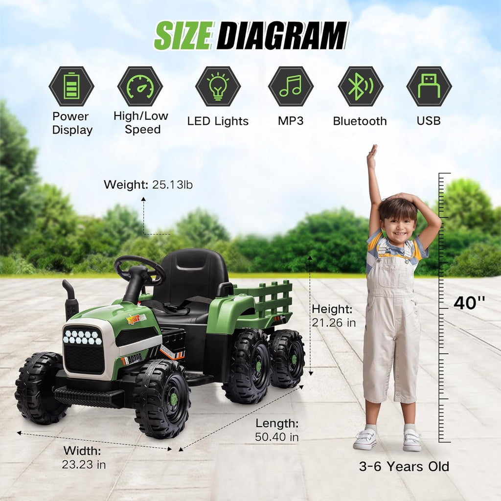 Track 7 24V Ride on Tractor with Trailer, 400W Motor, 6-Wheels Ride on Car with Remote Control, Music, Lights, 24V Electric Tractor Max Speed 4.9 mph, Green