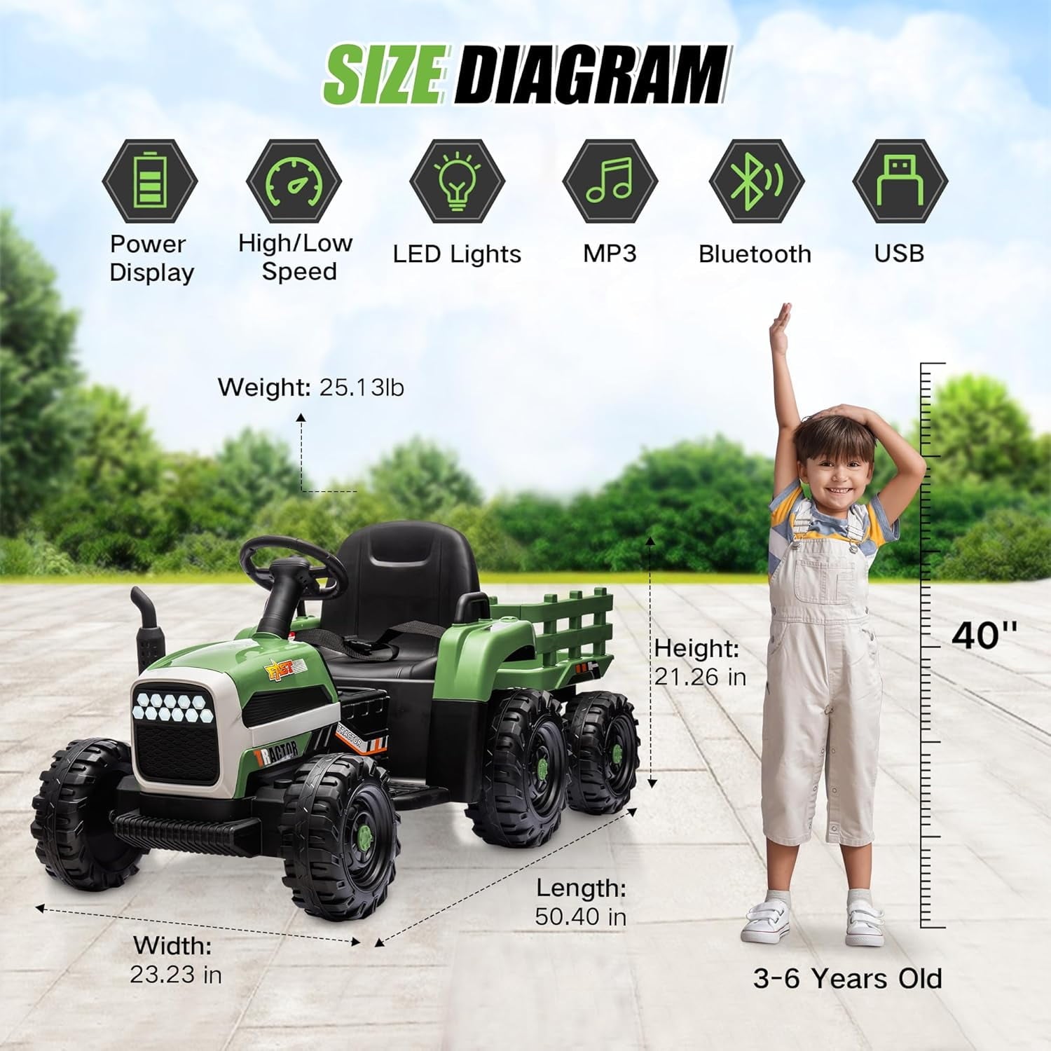 Track 7 24V Ride on Tractor with Trailer, 400W Motor, 6-Wheels Ride on Car with Remote Control, Music, Lights, 24V Electric Tractor Max Speed 4.9 mph, Green