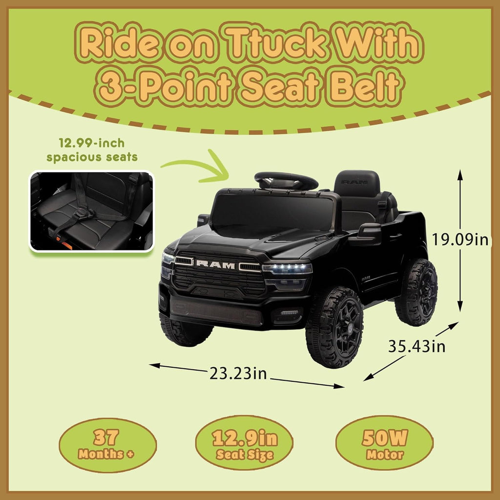 Track Seven 12V Ride on Car, Licensed Dodge RAM 3500 Ride On Truck with Remote Control, Rear Shock Suspension, LED Headlights, Low Battery Alarm, Bluetooth, Music, Ride on Toy for Kids Aged 3+, Black