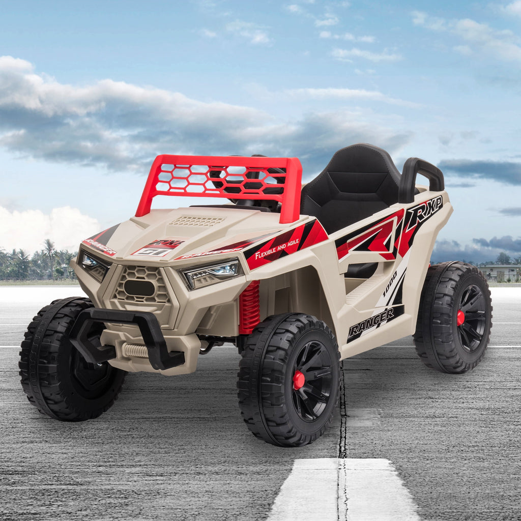 Track 7 12V Kids Ride on Truck, Electric Off-Road UTV Truck with Forward and Reverse Functions, Double Open Doors, Safety Belt, Music and Lights for Kids Aged 3-6 Years, 5 Mph Max Speed, Brown