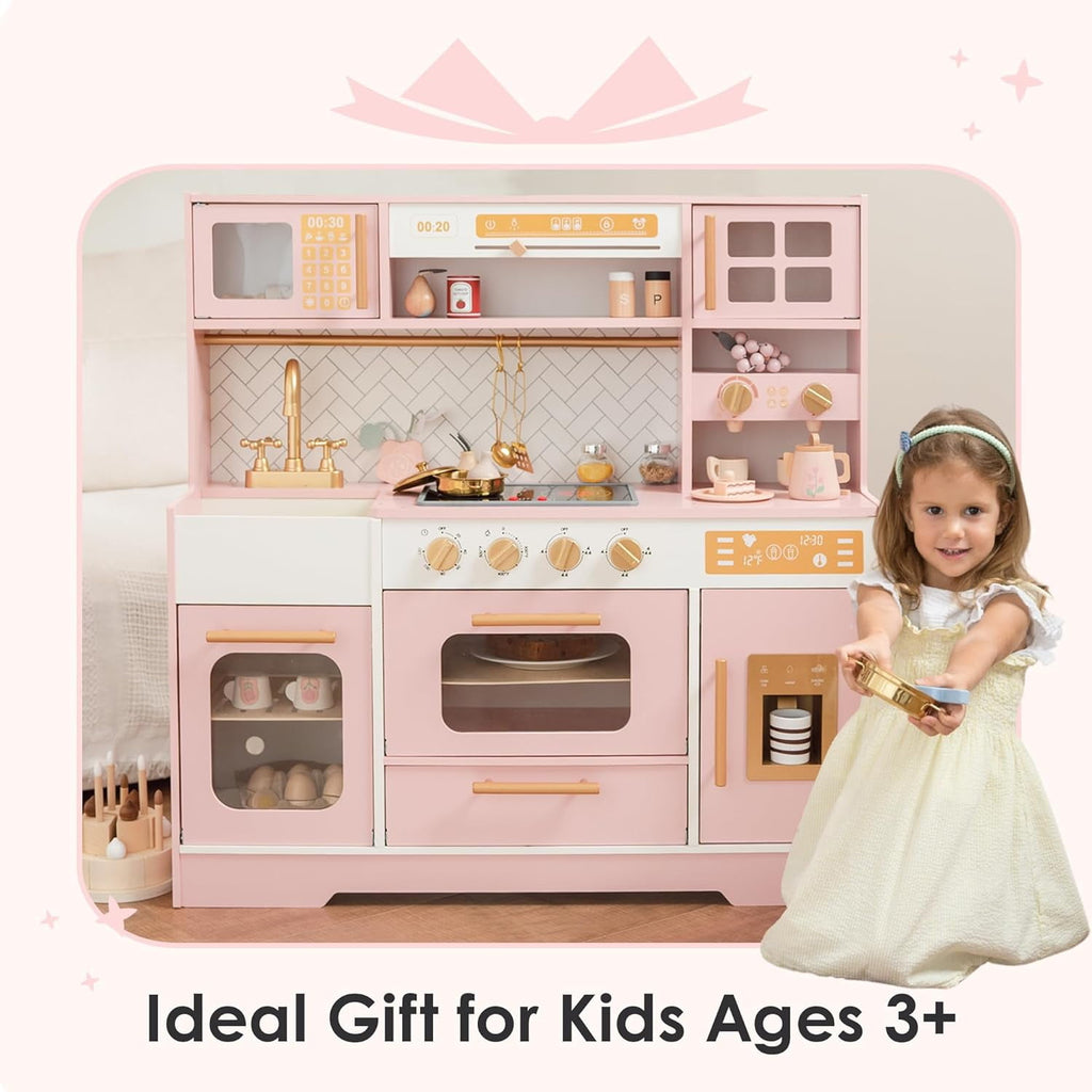 Track Seven Wooden Play Kitchen for Kids– Realistic Appliances, Storage & 15 Fun Accessories for Inspiring Pretend Play (Ages 3+), Pink