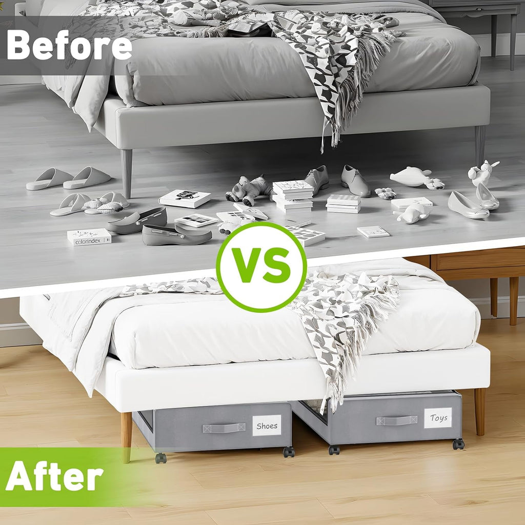 COOKCOK Under Bed Storage with Wheels, 2-Pack Underbed Storage Containers with Clear Lids & Label, Rolling Under the Bed Storage Bins, Rolling Metal Drawer for Clothes, Shoes, Toys, Books, Grey