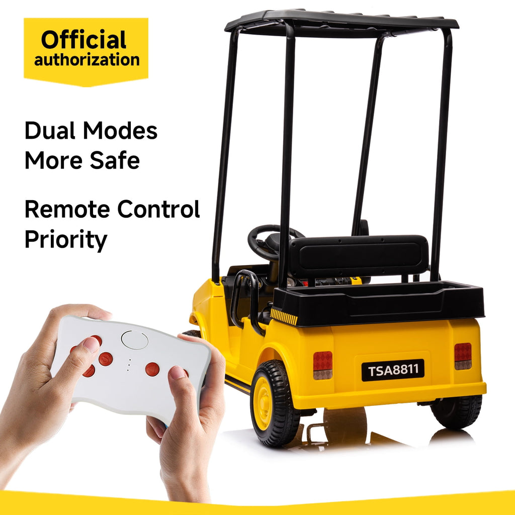 Track 7 24V Ride on Car, Electric Golf Cart with Ceiling, Ride on Truck with Remote Control, Music, Rear Storage Box, Electric Car for Boys Girls Age 3+, 18.5" Large Seat with Armrests, Yellow