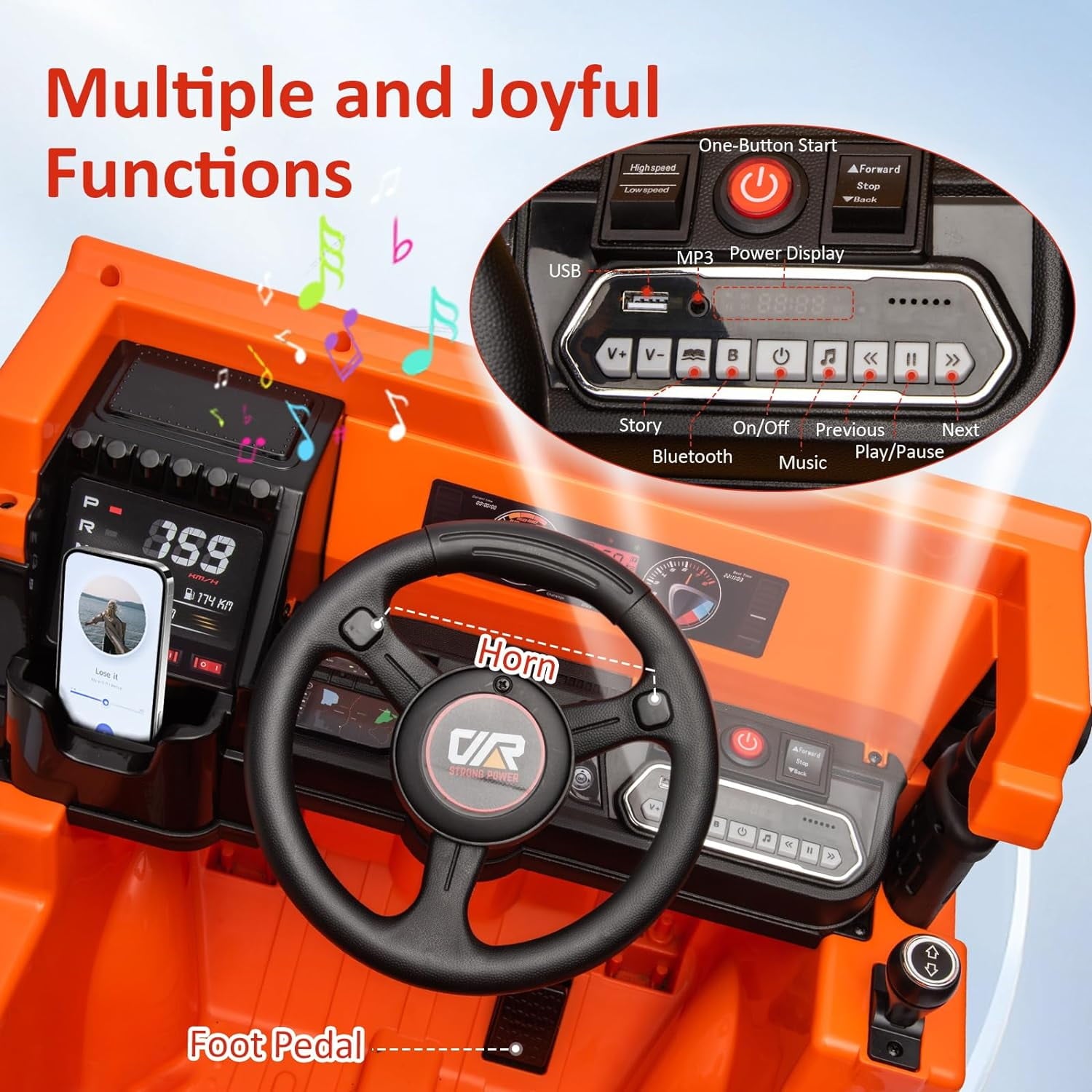 Track 7 Kids Ride on Car, 12V Ride on Dump Truck, Electric Car with Remote Control, Music, USB, Story, Electric Dump Bed and Extra Shovel, Phone stand