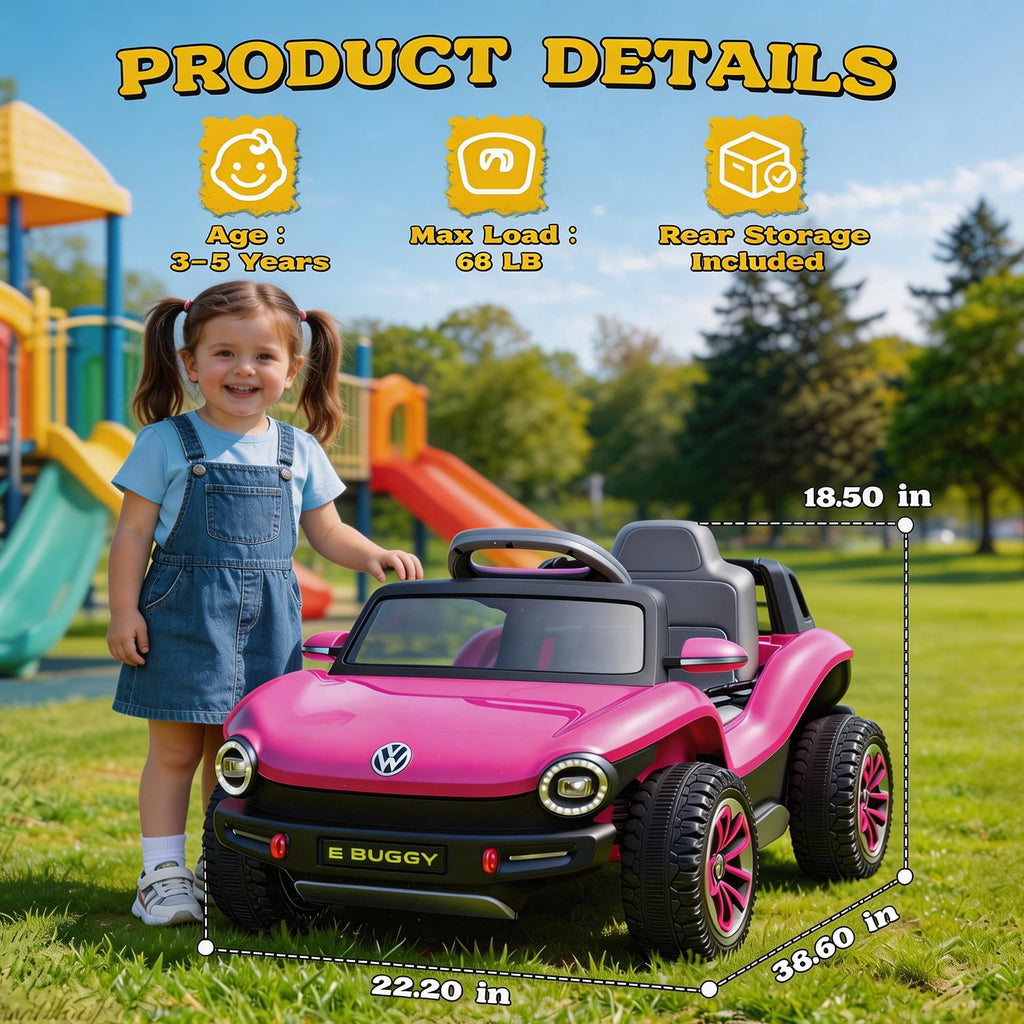 Track Seven 12V Ride on Car, Licensed Volkswagen Beetle Kids Electric Car with Remote Control, Bluetooth, USB, Rear Storage, LED Light, 2WD, Electric Ride on Toy Car for Kids Toddlers Aged 3+