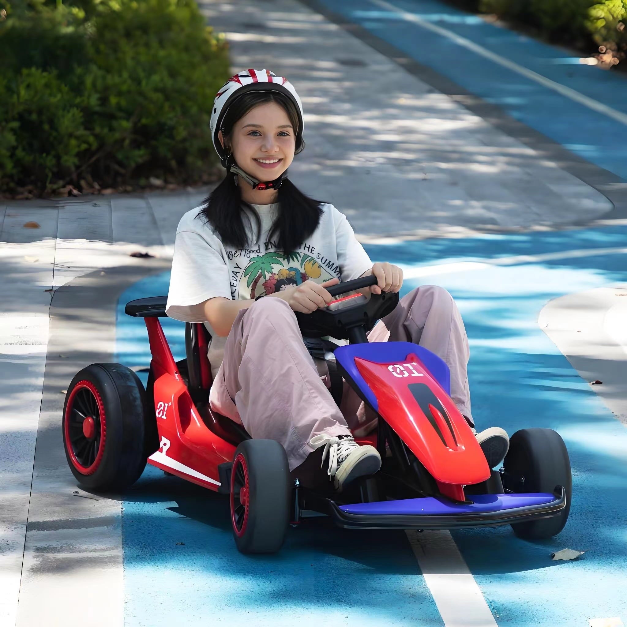 Track 7 24V Electric Ride-On Go Kart for Kids, Drift Kart with 5 MPH Max Speed, High/Low Speed, Accelerator Pedal, Music, Safety Belt, Battery-Powered Drifting Car for Children, Red and Blue