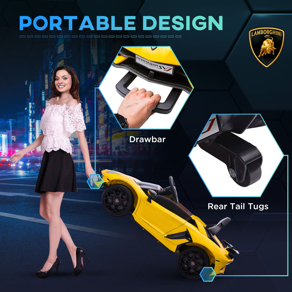 Track 7 24V Ride on Car, Licensed Lamborghini Drifting Car, 2-Seater Electric Car with Remote Control, MP3, LED Lights, PU Seat, Portable Handle, Yellow