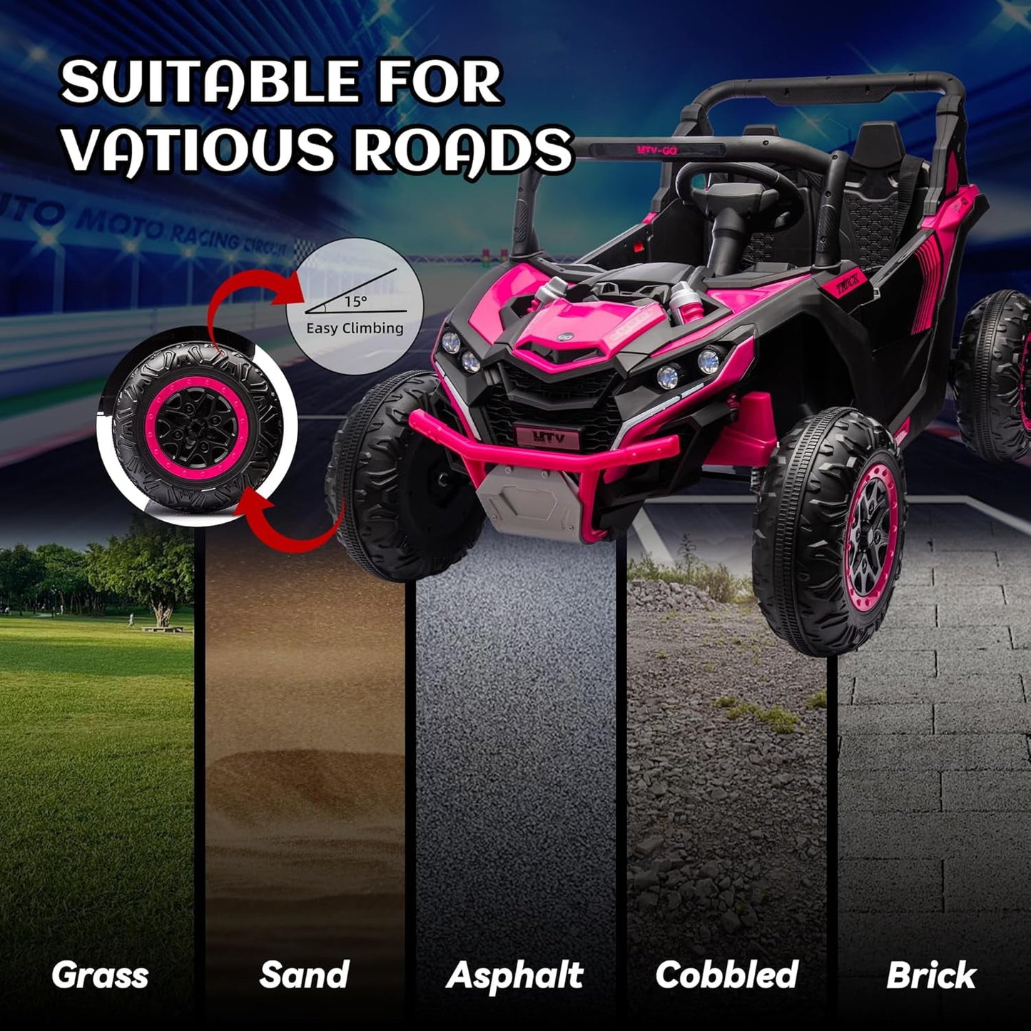 Track 7 24V 2-Seater Ride on UTV, 20" Large Seat, 2 x 200W Powerful Motors, 4.5 mph Max Speed, Ride on Car w/Remote Control, MP3, Lights, Battery Powered Electric Car for Boys Girls Age 3+, Blue