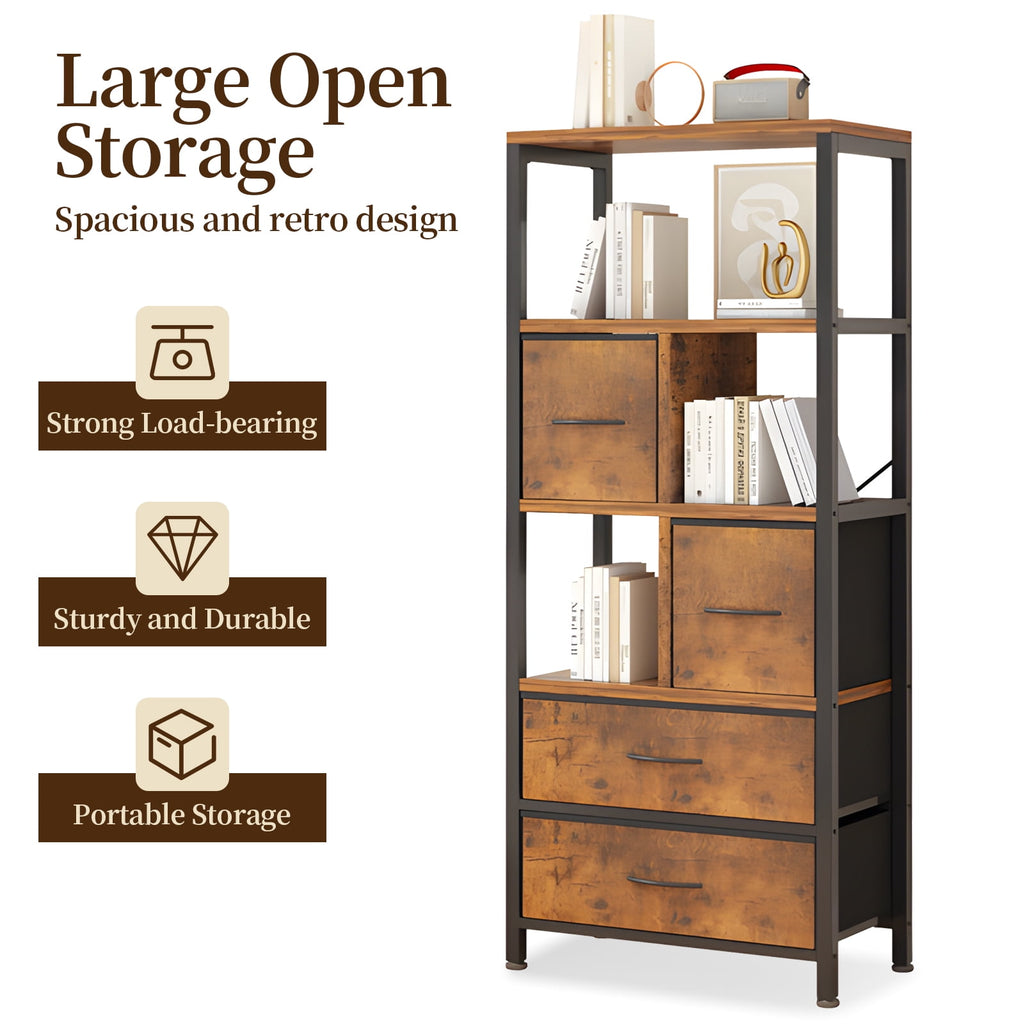 COOKCOK  5 Tier Bookshelf, Bookcase with 4 Drawers Shelves, Tall Book Shelf Book Case for Home & Office, Rustic Brown