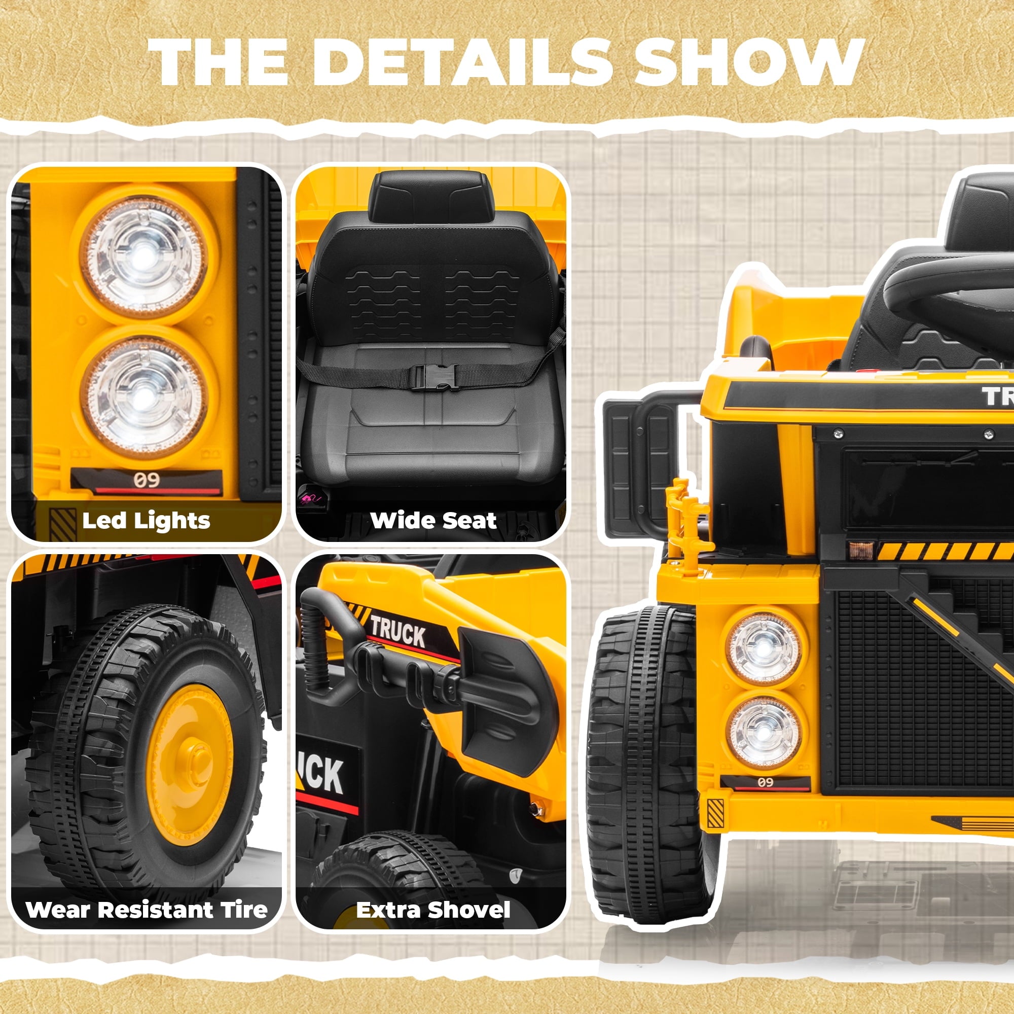 SUSIELADY 12V Kids Ride on Car, Ride on Dump Truck, with Remote Control, Electric Dump Bed, Extra Shovel, Bluetooth, Music, for Kids Aged 3+
