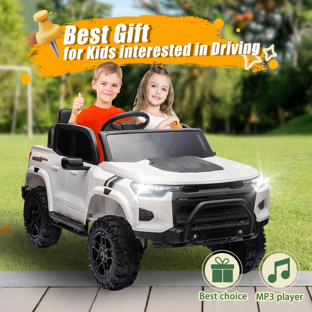 Track 7 24V Ride on Car, 2-Seater Kids Ride on Pickup Car with Remote Control, Bluetooth, 4 x 200W Motor Electric Car, 3 speeds, LED Lights, Spring Suspension, White