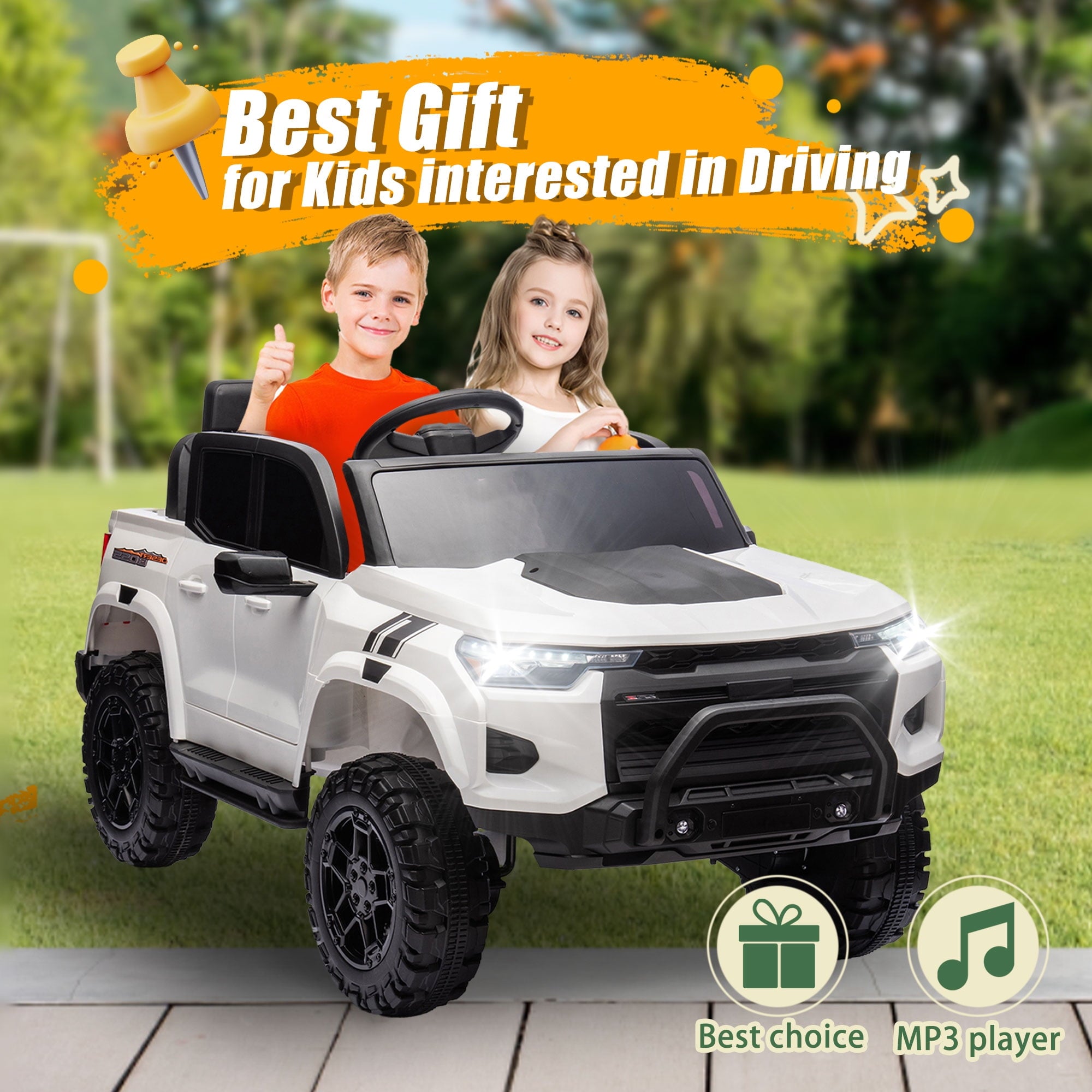 Track 7 24V Ride on Car, 2-Seater Kids Ride on Pickup Car with Remote Control, Bluetooth, 4 x 200W Motor Electric Car, 3 speeds, LED Lights, Spring Suspension, White
