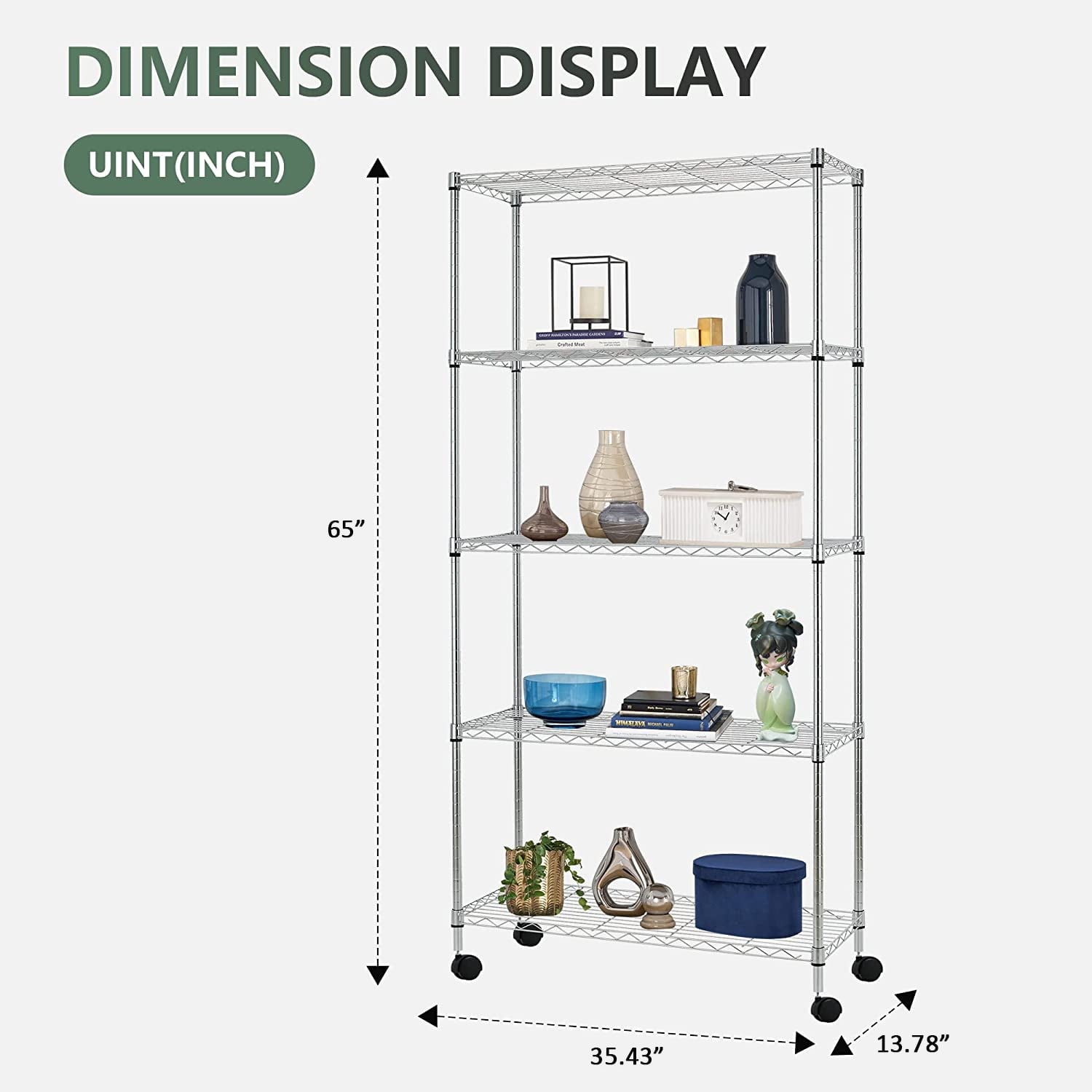 COOKCOK 5-Tier Wire Shelving with Wheels, 35.4"x 13.8"x 65" Heavy Duty Shelf, Height Adjustable Rolling Metal Shelves for Storage,  750lbs Capacity, Silver