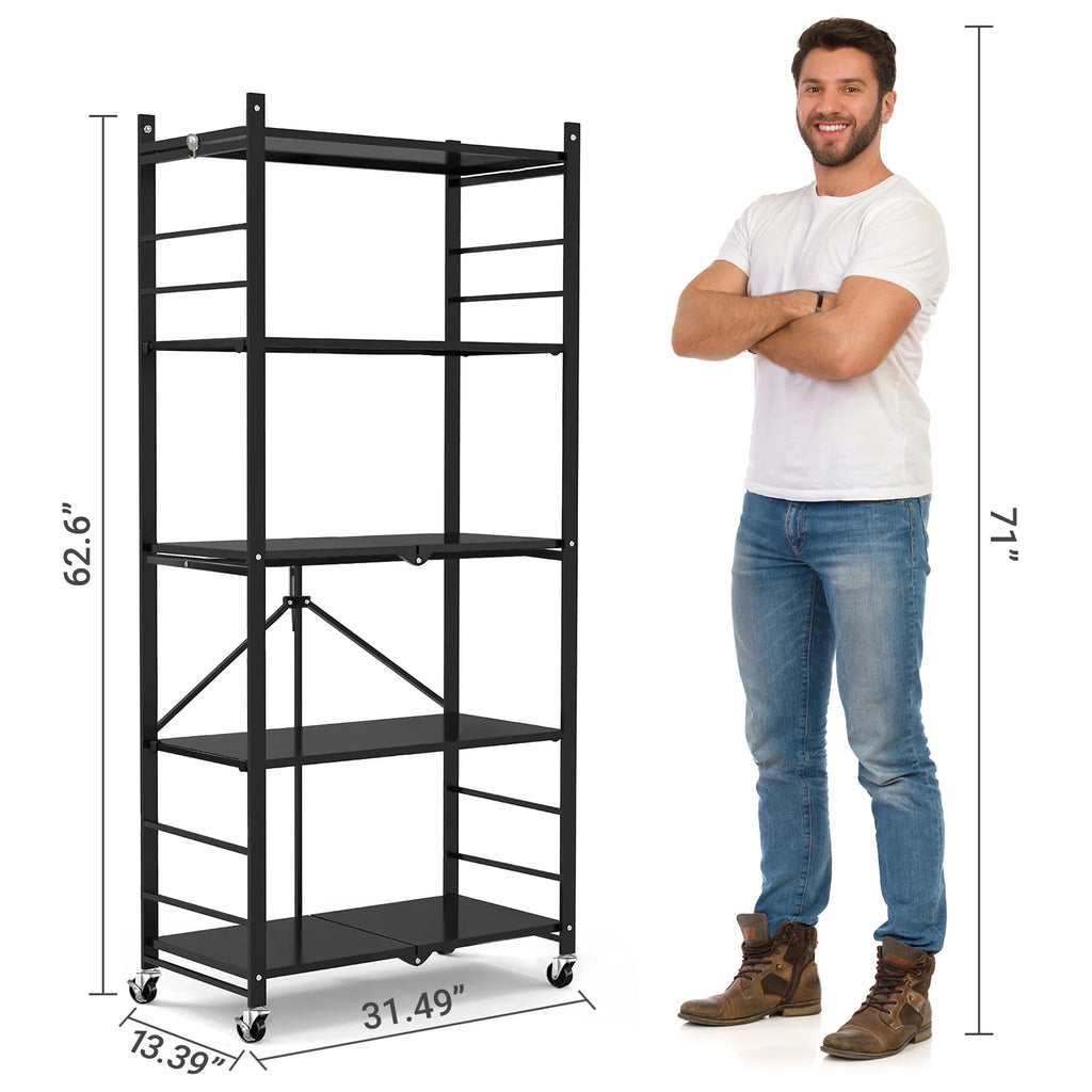 COOKCOK 5-Tier Storage Shelving Unit, Metal Shelf, Adjutable Height, Foldable Storage Shelf with Wheels, Garage Shelf, Kitchen Shelf, Side Protective, 550lbs Capacity, Black