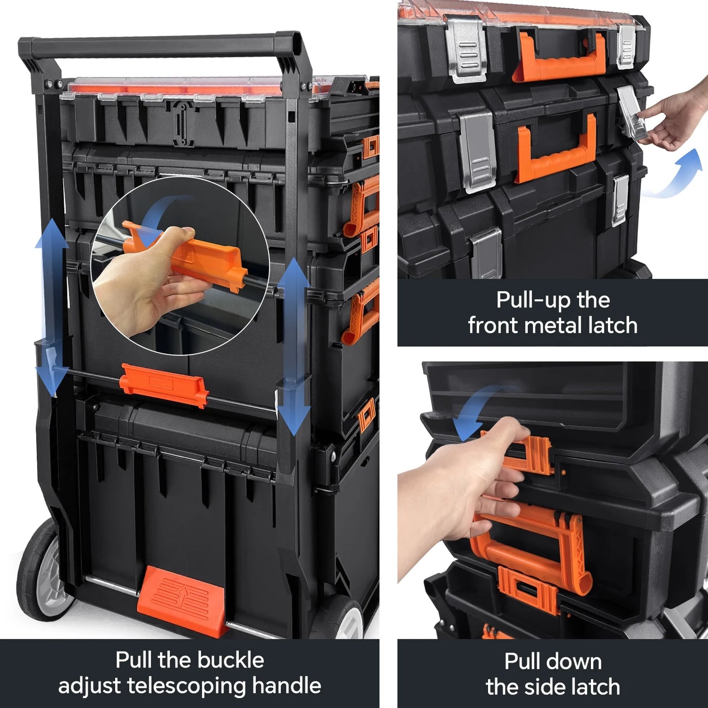 COOKCOK Stackable Storage System - 4 Pieces Set, Rolling Tool Box Set Mobile Tool Chest Storage Organizer Portable . Mobile Utility Cart with Comfort Grip Handle and Tough Latches, Black