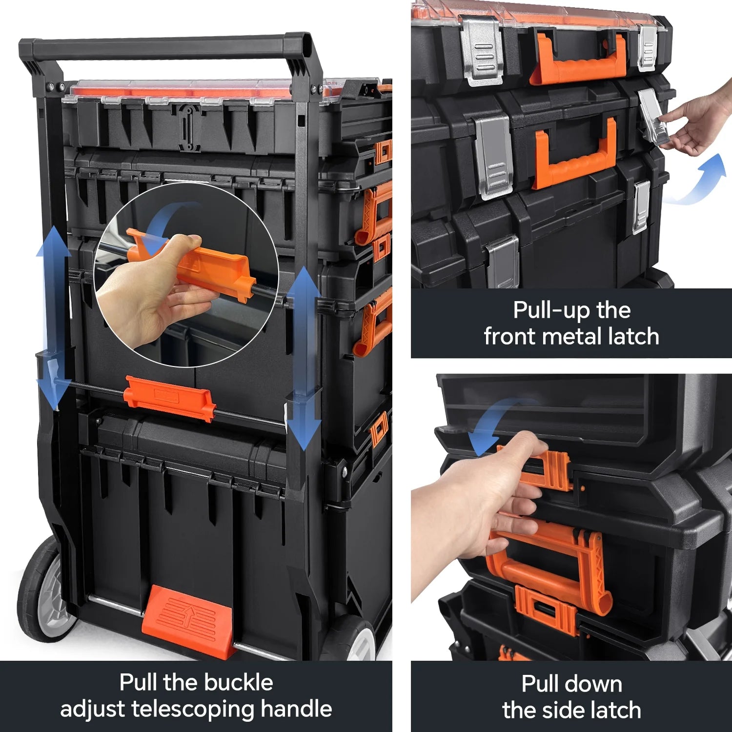 COOKCOK Stackable Storage System - 4 Pieces Set, Rolling Tool Box Set Mobile Tool Chest Storage Organizer Portable . Mobile Utility Cart with Comfort Grip Handle and Tough Latches, Black