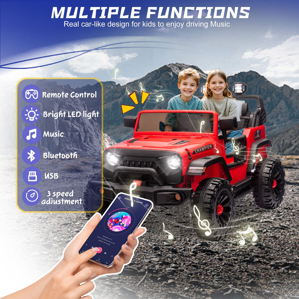 Track Seven  24V Ride on Truck, 2 Seater Ride On Toy Car for Big Kids, 19.7" Large Wide Seat, 4WD Electric Truck Car with Music, Bluetooth, Light and Searchlight, Max Speed 4.35 mph, Red