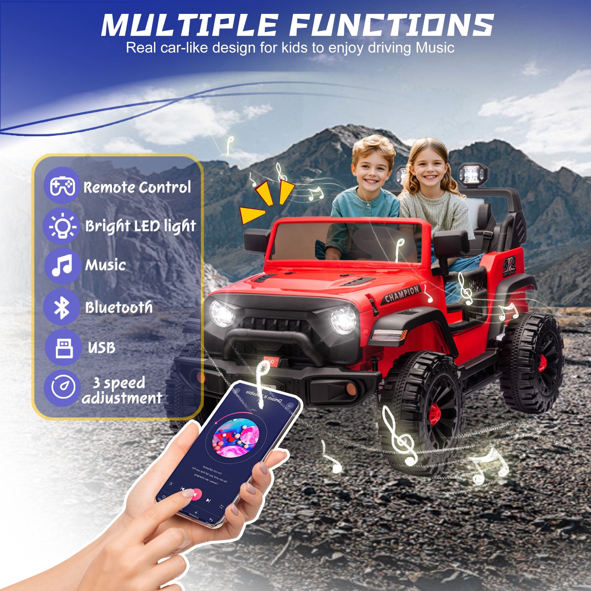 Track Seven  24V Ride on Truck, 2 Seater Ride On Toy Car for Big Kids, 19.7" Large Wide Seat, 4WD Electric Truck Car with Music, Bluetooth, Light and Searchlight, Max Speed 4.35 mph, Red