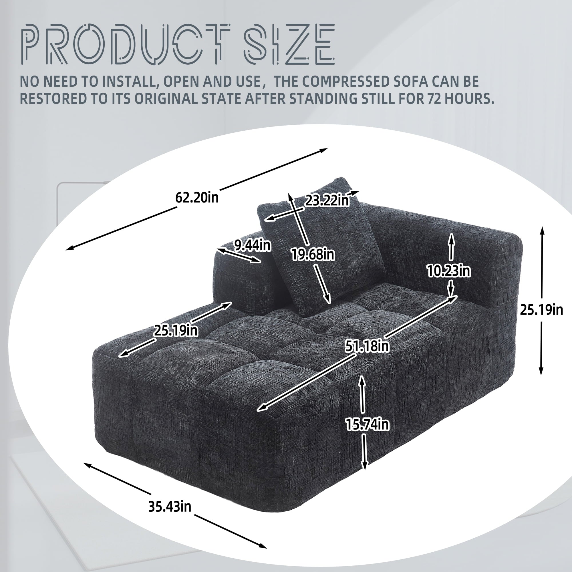 BISHE 37.5 in Modular Sectional Sofa with Chaise, Modern L-Shaped Cloud Couch, Easy Assembly, No Compression Damage, Chenille Upholstered, Deep Seat, Includes Throw Pillows, Black