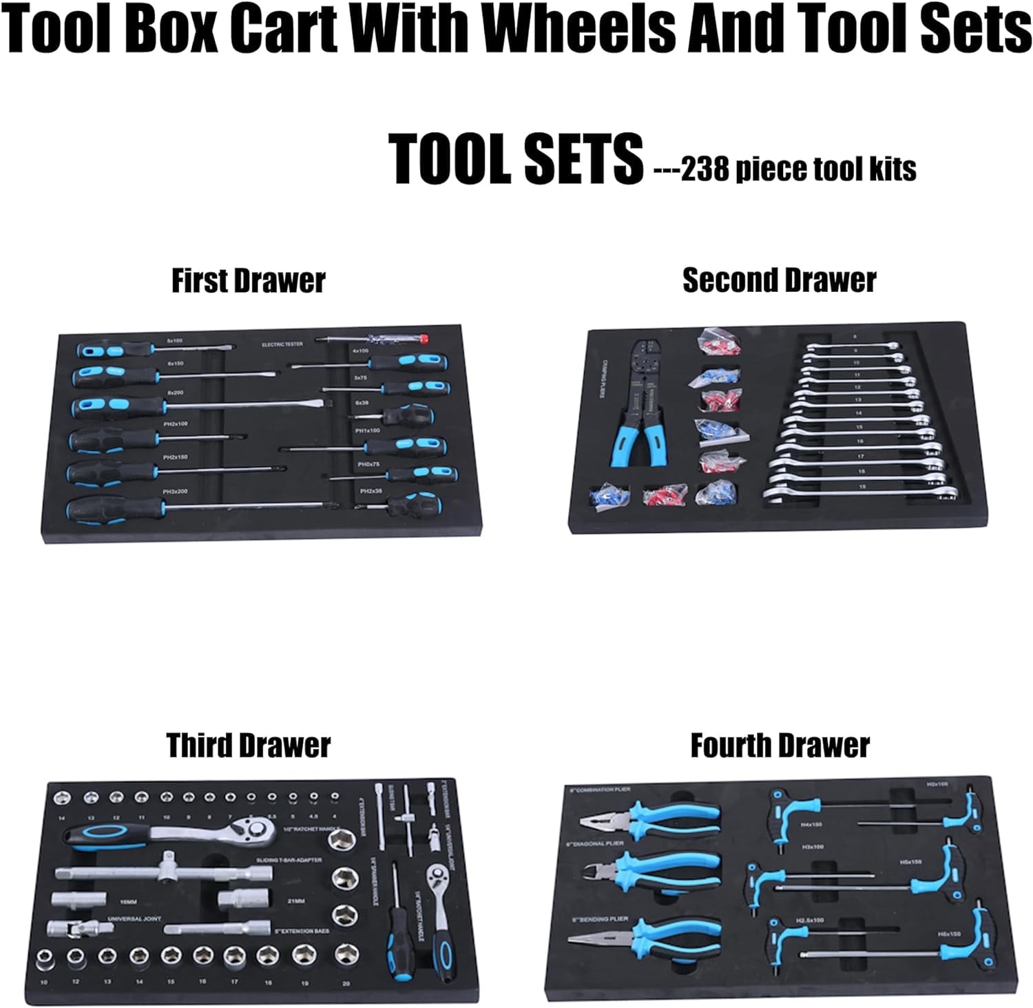 COOKCOK Tool Chest with 238 Piece Tool Set, 4-Drawer Tool Cabinet - Rolling Tool Cart On Wheels for Mechanics Heavy-Duty Metal Tool Box Storage Cabinets for Garage, Black