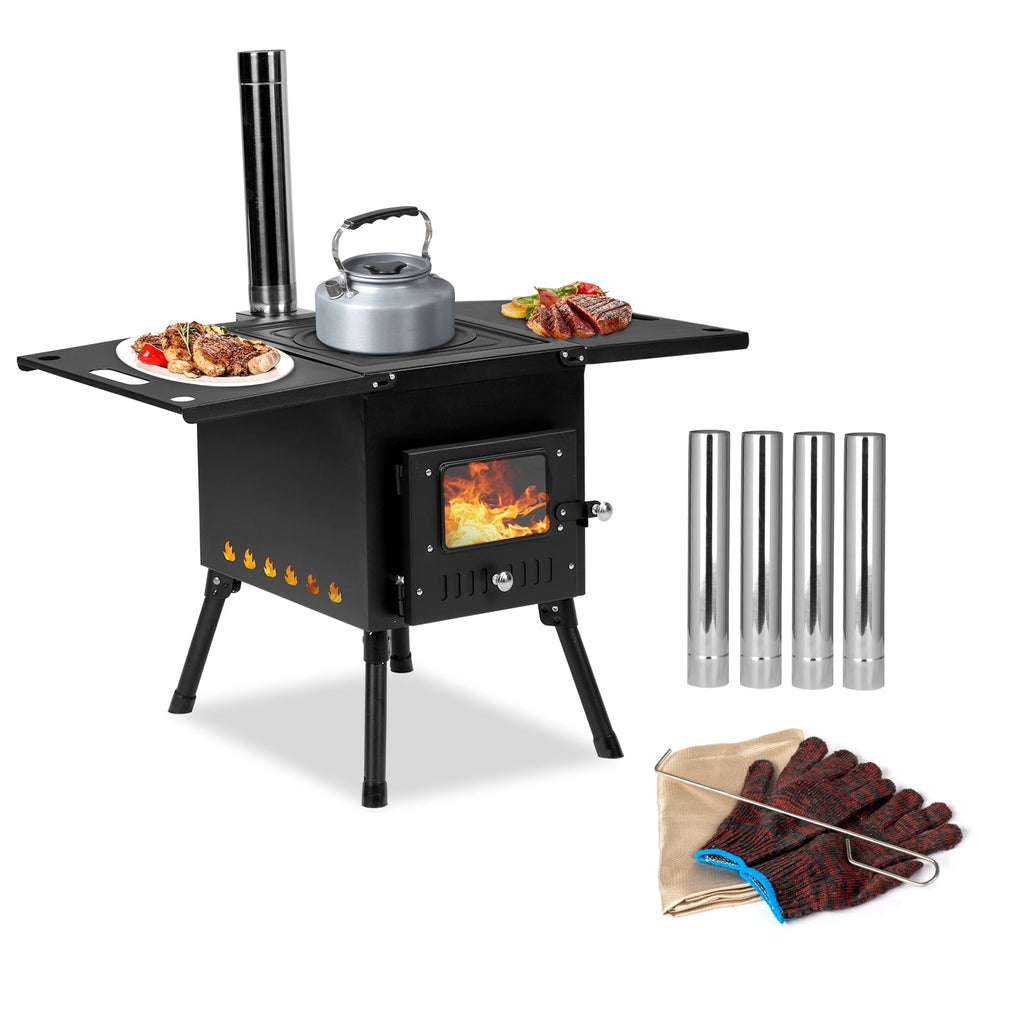 COOKCOK Camping rocket stove with chimney, 30.5"D x 16.1"W x 19.3"H, Alloy Steel, Black