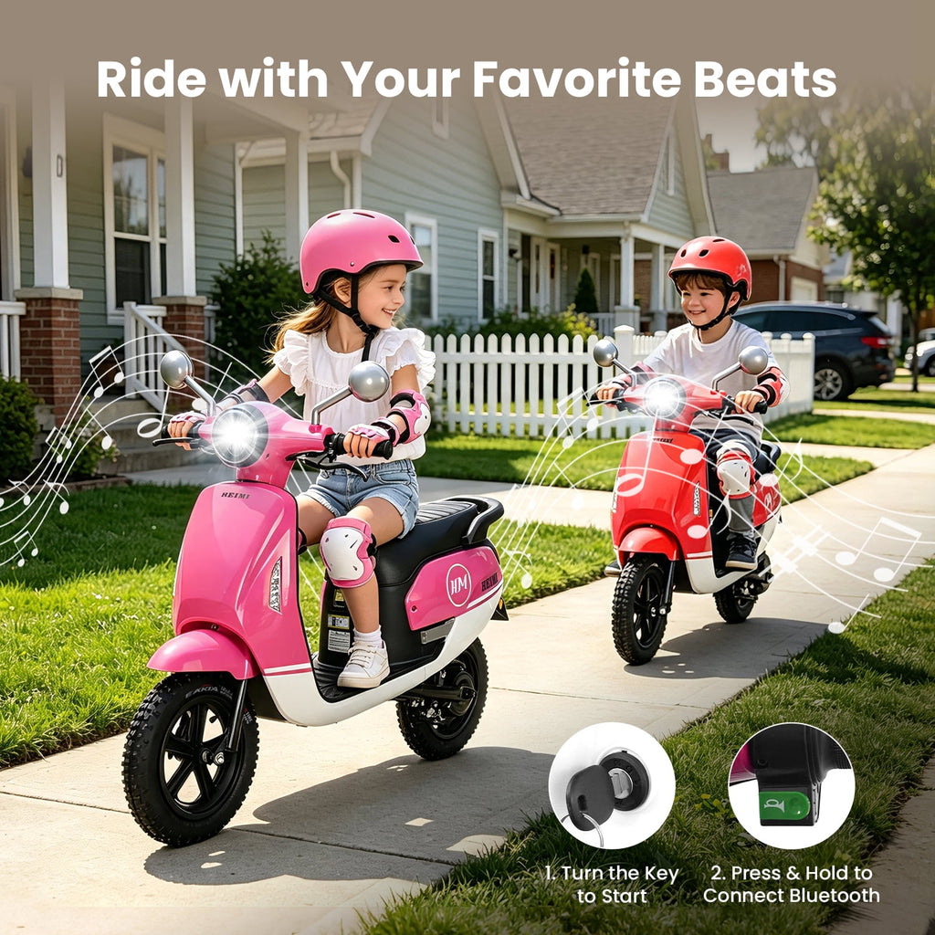 Track Seven 24V Ride on Motorcycle, 250W Ride-on Scooter Moped with Twist Throttle, LED Light, 12" Pneumatic Tires, Bluetooth, Max 10Mph, 24V Electric Motorcycle for Kids Girls Boys Aged 8-12, Rose