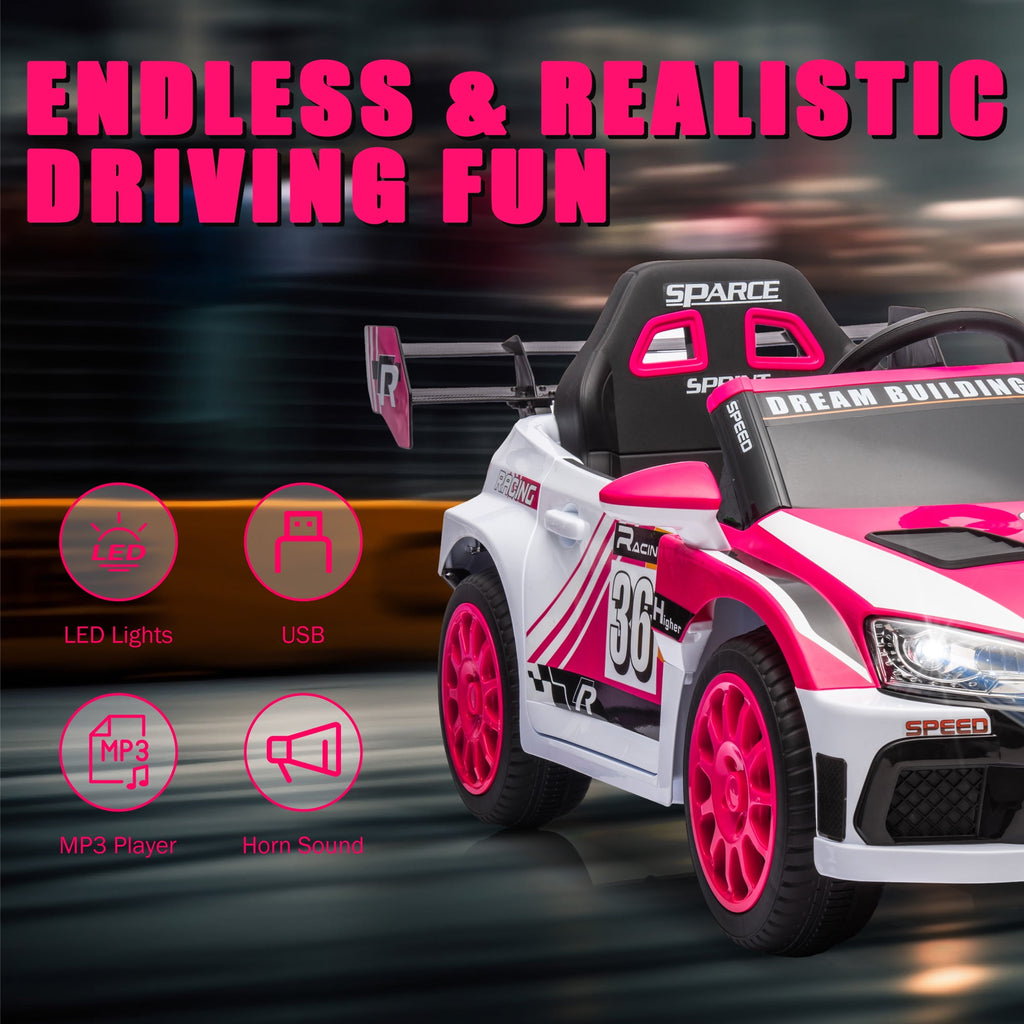 Track 7 Kids Ride on Car, 12V Electric Sports Car with Remote Control, Bluetooth, Front Light, Electric Buggies for Boys Girls Age 3+, Pink