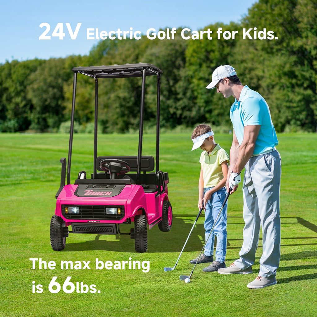 Track 7 24V Ride on Car, Electric Golf Cart with Ceiling, Ride on Truck with Remote Control, Music, Rear Storage Box, Electric Car for Boys Girls Age 3+, 18.5" Large Seat with Armrests, Pink