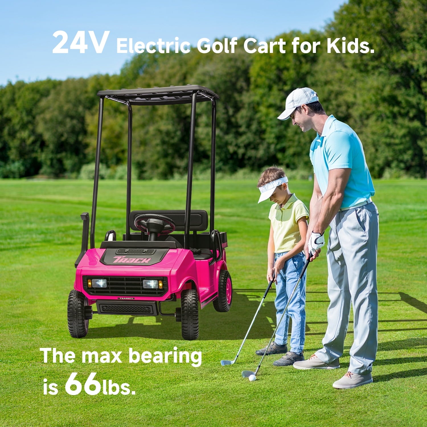 Track 7 24V Ride on Car, Electric Golf Cart with Ceiling, Ride on Truck with Remote Control, Music, Rear Storage Box, Electric Car for Boys Girls Age 3+, 18.5" Large Seat with Armrests, Pink