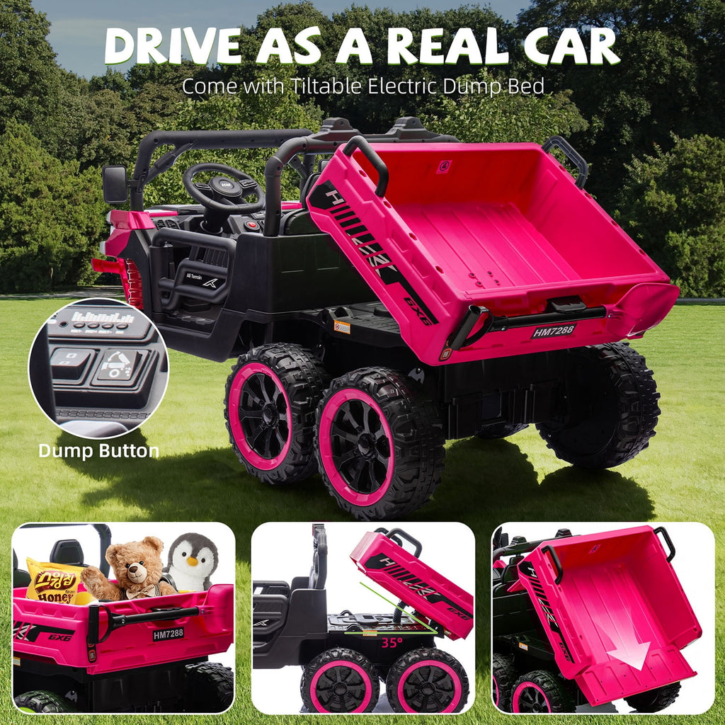 Track Seven 24V 2-Seater Ride on Dump Truck, 4WD 6-Wheel Kids Ride on Car w/Remote Control, Electric Dump Bed, Toy Shovel, Music, Max 5 mph, 20" Large Seat, Ride on Toy for Boys Girls Age 3+, Pink