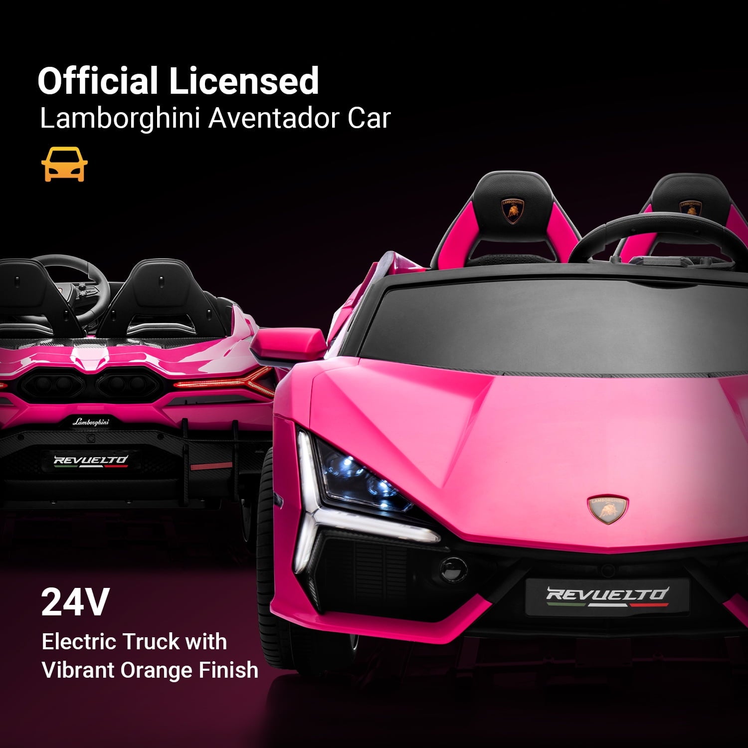 Track Seven 24V 2-Seater Ride on Car, Licensed Lamborghini Revuelto Electric Car with Remote Control, Music, LED Lights, Key Start, Spring Suspension, Max Speed 4.3mph, 24V Ride on Toy Car, Pink