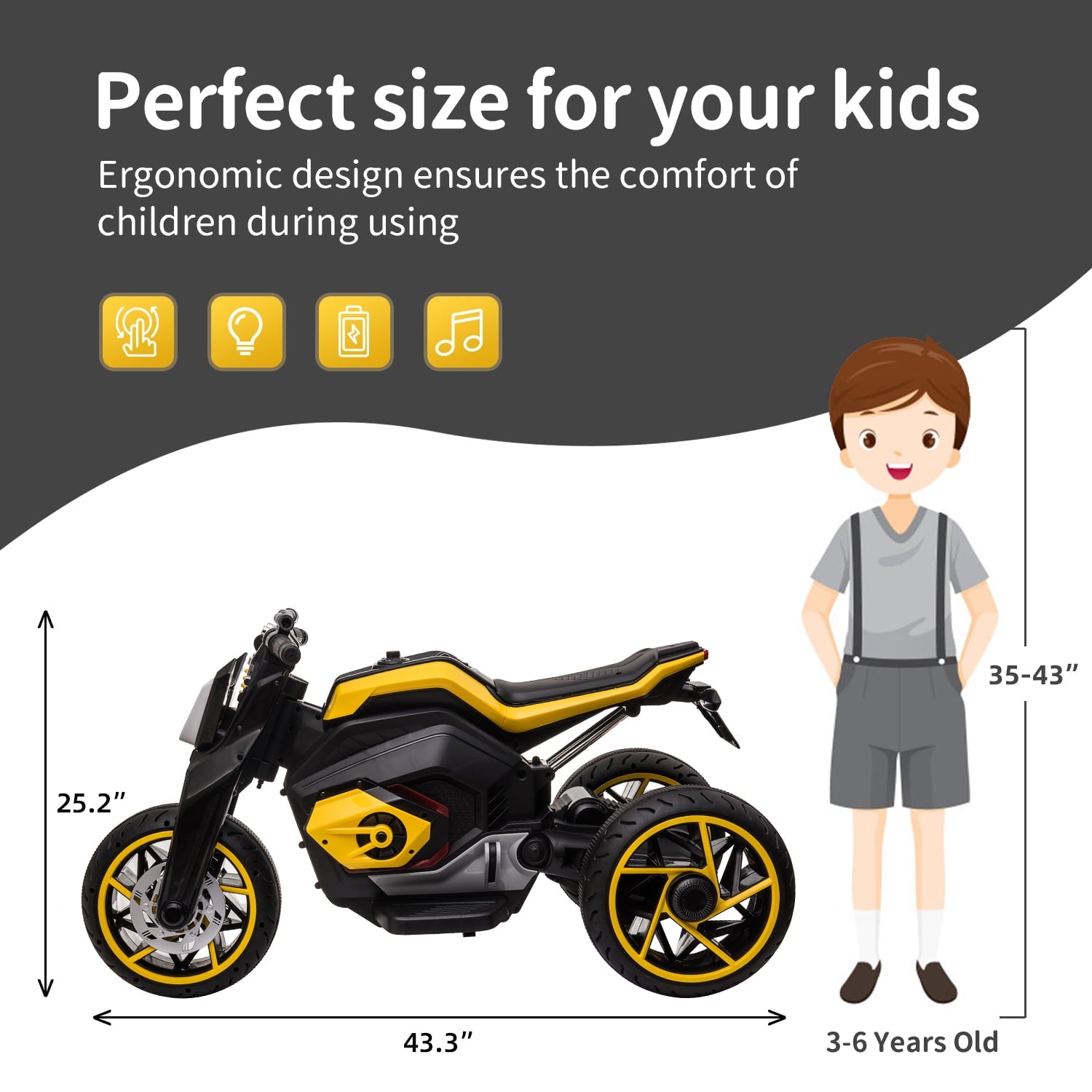 Track 7 Kids Ride on Motorcycle, 12V Electric Trike Motorcycle for Boys Girls, 3 Wheels Motorcycle for Kids, Music, Lights, Yellow