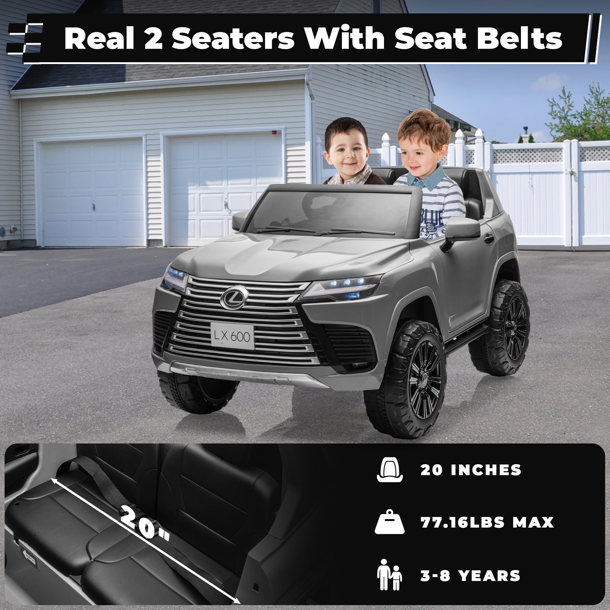 SUSIELADY 24V 2-Seater Kids Ride on Car, Licensed LEXUS LX600, with 20" Width Seat, Remote Control, Portable Handle, Key Start, Music, for Kids Aged 3+
