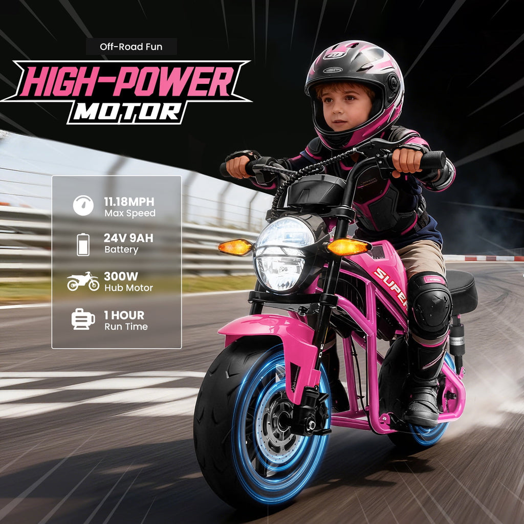 Track Seven 24V Electric Motorcycle for Kids, 300W Electric Dirt Bike Up to 11 MPH, Twist-Grip Throttle, Rear Brake, 14-Inch EVA Tires, Music, Light, Electric Bike for Kids Aged 6+, Pink
