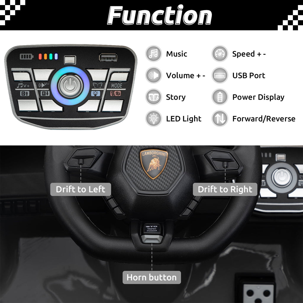 Track 7 24V Kids Ride on Car, Licensed Lamborghini STO Electric Car for Boys Girls, 2-Seater Ride on Drift Car with Remote Control, Music, 360° Spin, Max Speed 6mph, Grey